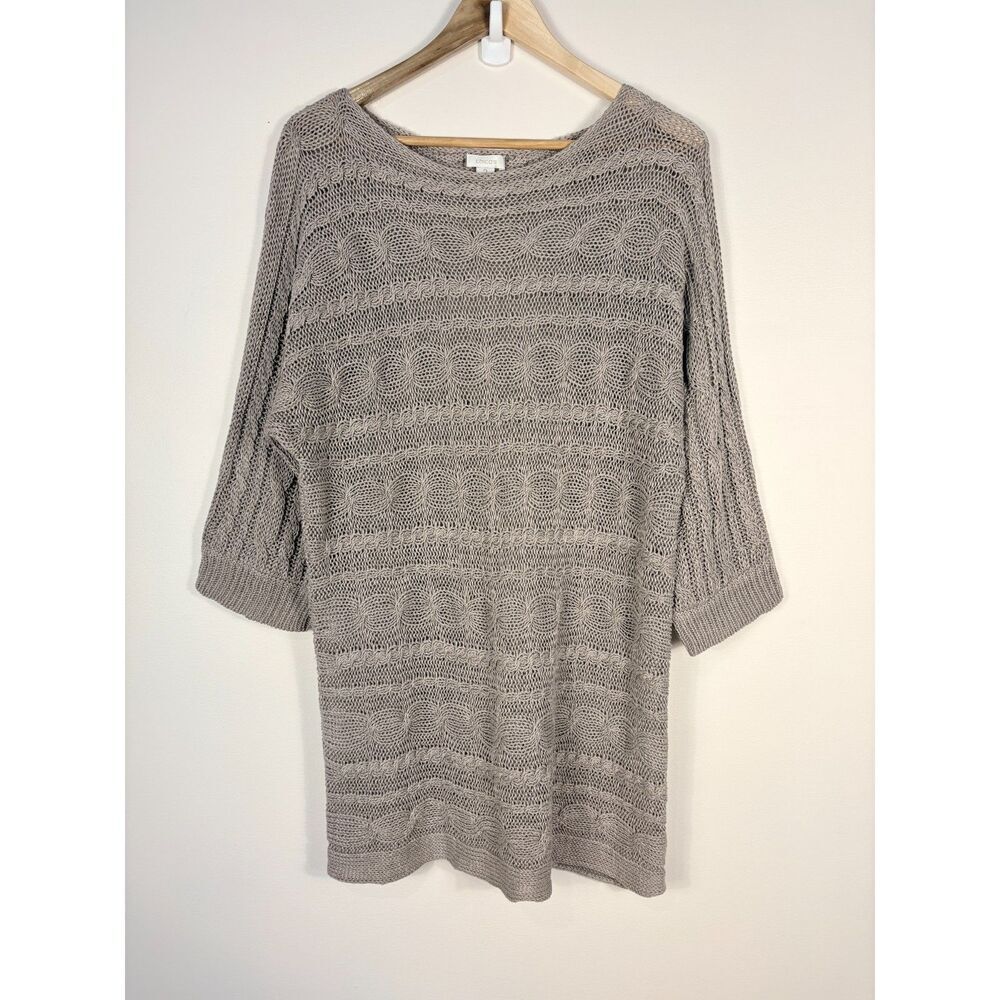 Chico's 100% Linen Cable Knit Tunic Sweater XL Gray Beach Coastal Old Money
